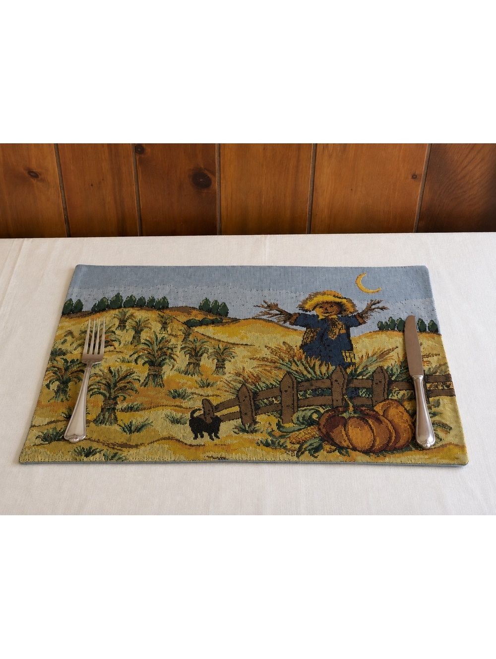 Fall Harvest Tapestry Placemats Set of 8 Scarecrow Pumpkin Autumn Table Decor